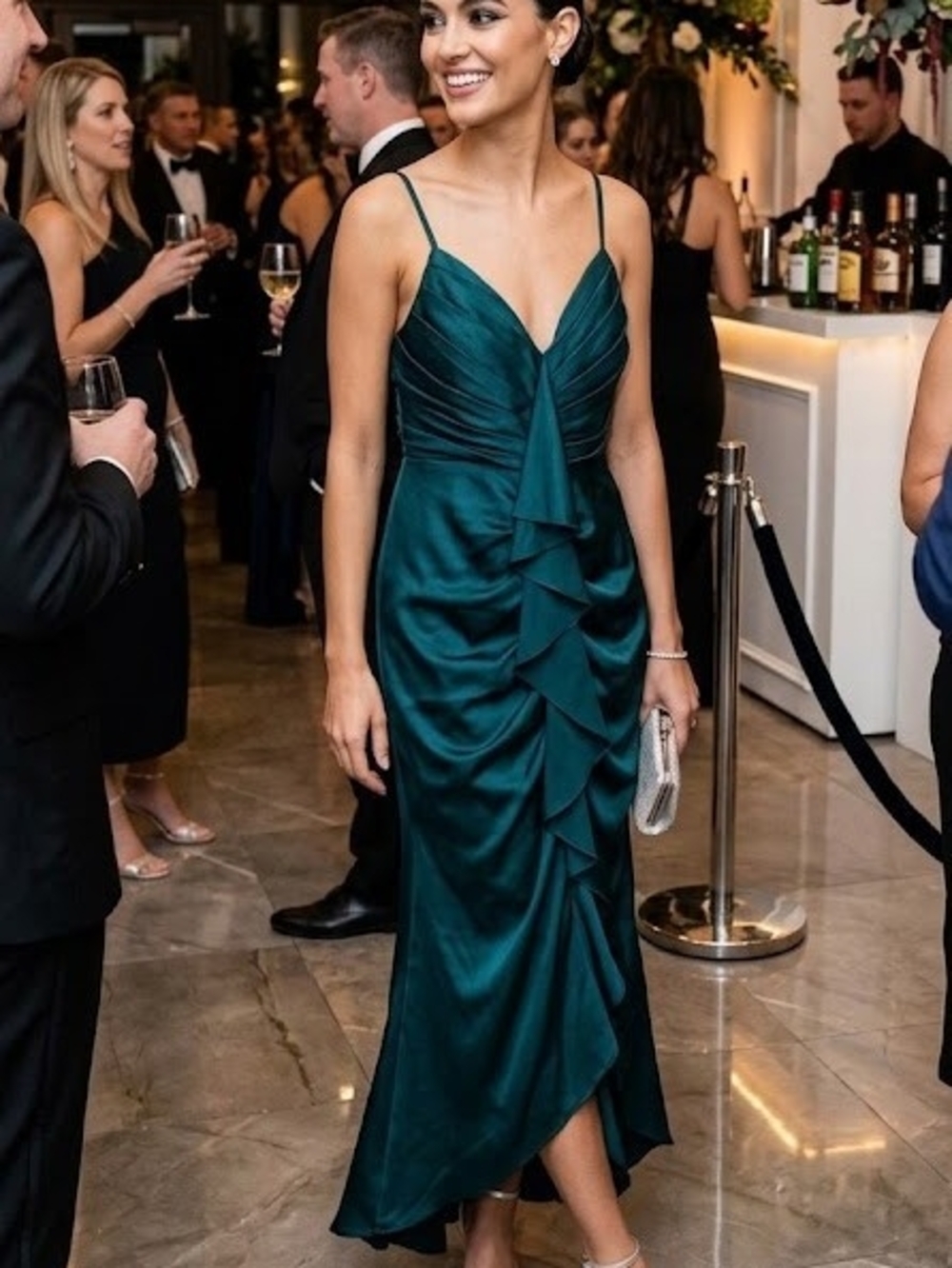 Mable Satin Green Ruffle Midi Dress - Women